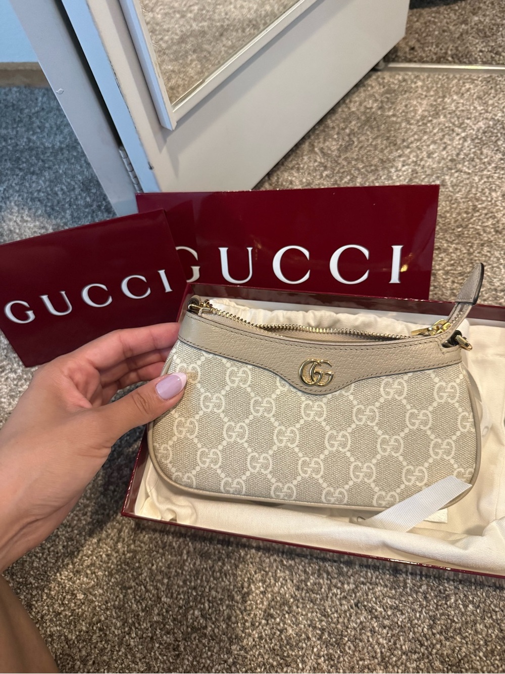 Gucci Beige GG Supreme Mini Shoulder Bag with Gold Hardware